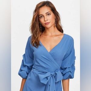 Blue Wrap Top with Puff Sleeves